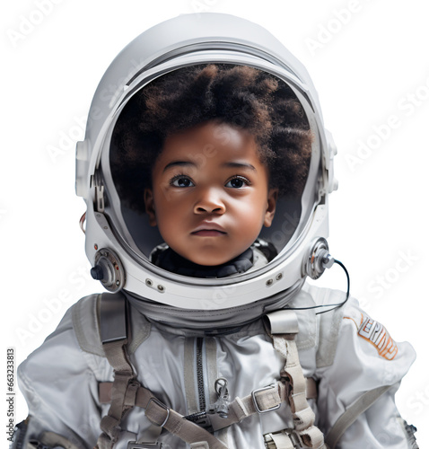 Afroamerican girl in astronaut suit isolated on transparent background, PNG