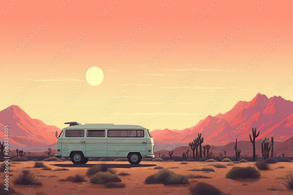 Vintage-style illustration of a van in a desert landscape, with pink and blue tones. Generative AI