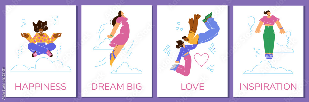Happy people floating or flying in the air, posters set - flat vector illustration. Happy people floating or flying in the air, posters set - flat vector illustration.