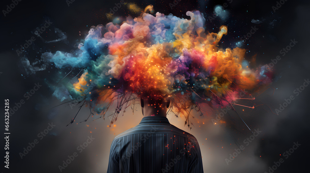 Human head exploding with knowledge and creativity. colorful colors, Bright idea, creative thinking and brainstorming concept - obrazy, fototapety, plakaty 
