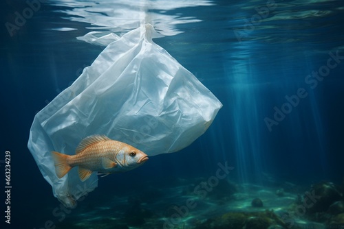 an underwater scene showing a fish trapped inside a plastic bag. Generative AI photo