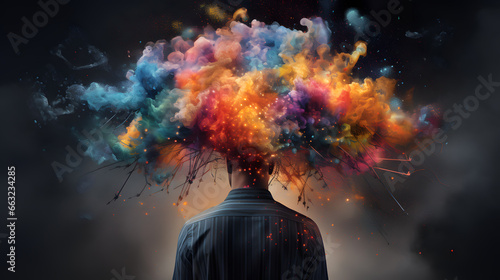 Human head exploding with knowledge and creativity. colorful colors, Bright idea, creative thinking and brainstorming concept photo