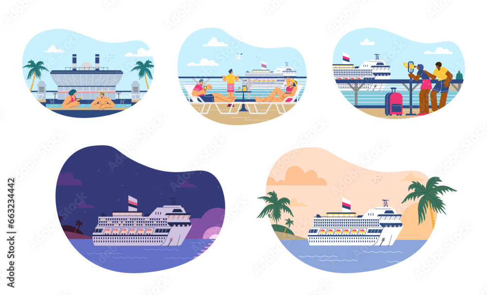 Set of scenes of people enjoying cruise ship vacation, flat vector illustration isolated on white background.