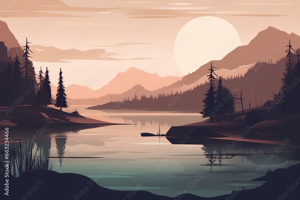 Illustration depicting the serene beauty of North Scandinavia with its flat landscapes. Generative AI