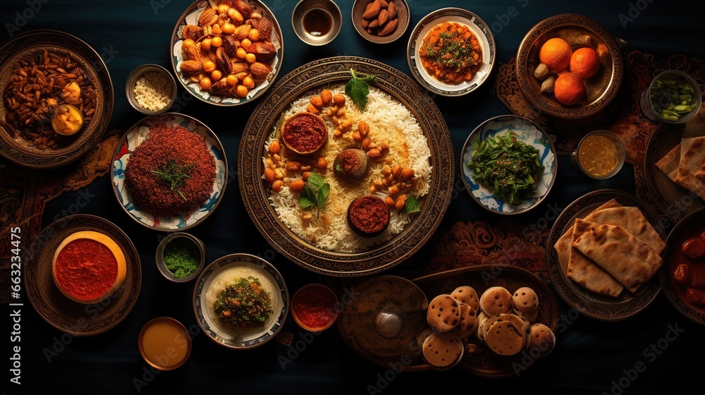 Arabian Food: Traditional Middle Eastern Lunch, Food that Muslims eat after sunset during Ramadan. an assortment of oriental Arab foods. Close-up top view. Generative AI