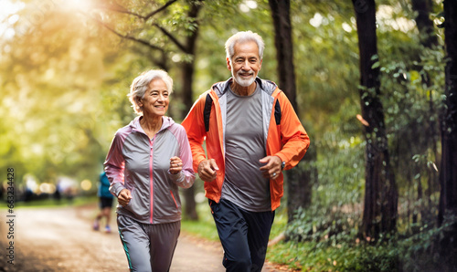 Smiling elderly couple are jogging in city park. Happy grandparents jogging together.