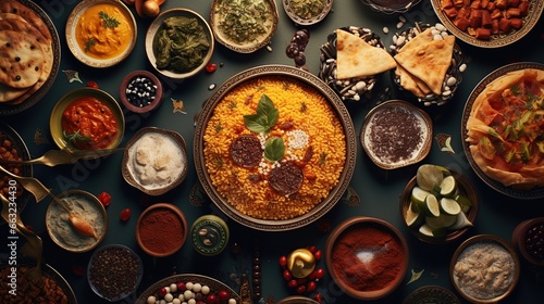 Arabian Food: Traditional Middle Eastern Lunch, Food that Muslims eat after sunset during Ramadan. an assortment of oriental Arab foods. Close-up top view. Generative AI