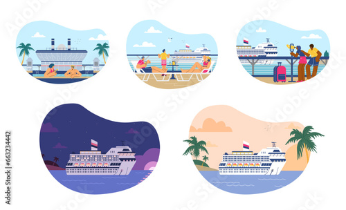 Set of scenes of people enjoying cruise ship vacation, flat vector illustration isolated on white background.