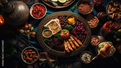 Arabian Food: Traditional Middle Eastern Lunch, Food that Muslims eat after sunset during Ramadan. an assortment of oriental Arab foods. Close-up top view. Generative AI