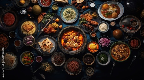 Arabian Food  Traditional Middle Eastern Lunch  Food that Muslims eat after sunset during Ramadan. an assortment of oriental Arab foods. Close-up top view. Generative AI