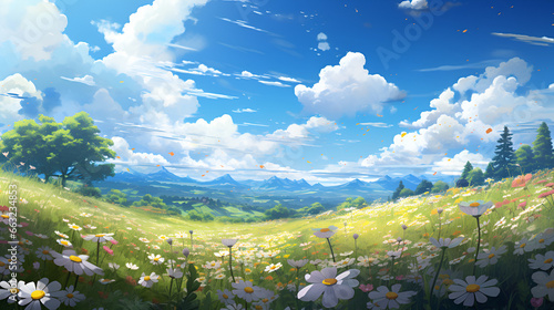 meadow with a sky full of clouds, anime style 