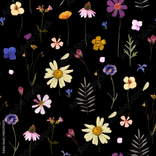 Dried flowers pattern  seamless wild flowers  pressed flowers  bouqets. Floral background for wrapping paper  textile  wallpaper  cards.