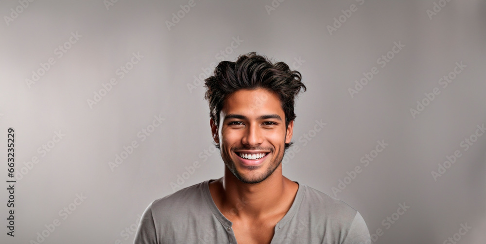 Obraz premium Young model man smiling looking at the camera. Male for advertising, ad, ads, advert. Dental, beauty, skincare, wellness, homewear, healthy, gym, hairdresser, home, student. Isolated, light background