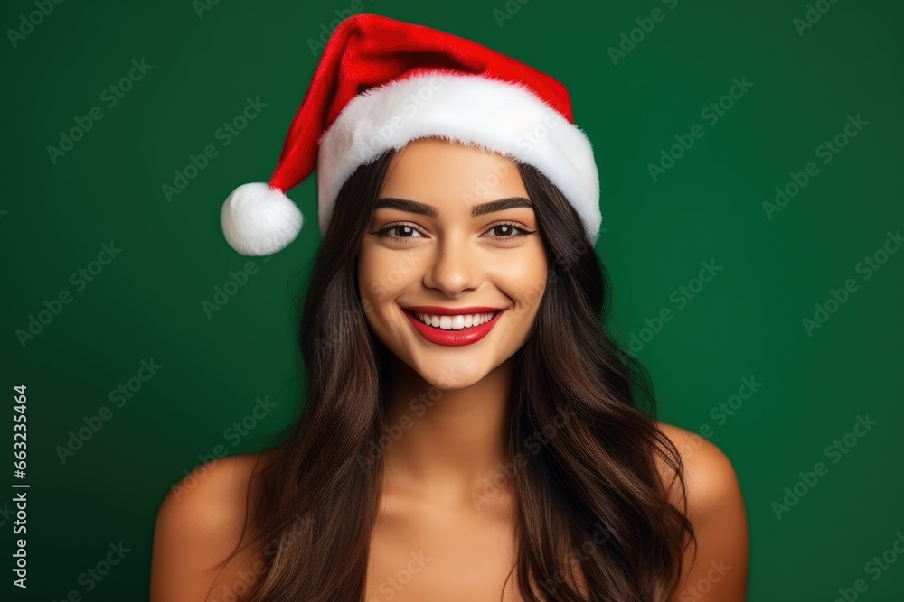 Smiling Woman Wearing Santa Hat on Vibrant Green Wall Smiling Woman Wearing Santa Hat on Vibrant Green Wall