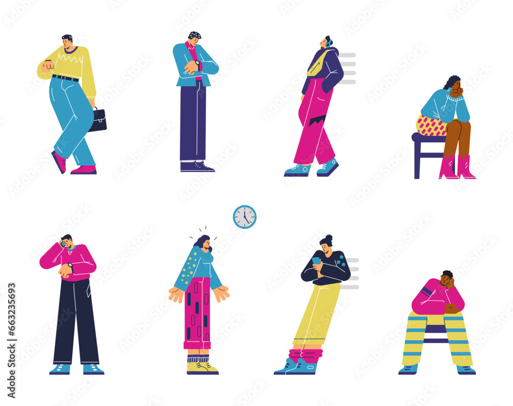 Vector cartoon set illustrations people wait, stand or sit, listen to headphones, look at watches and smartphones