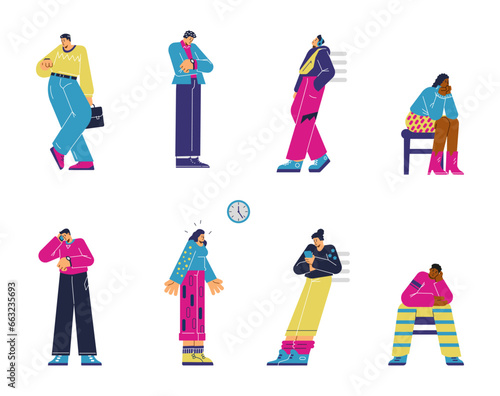 Vector cartoon set illustrations people wait, stand or sit, listen to headphones, look at watches and smartphones