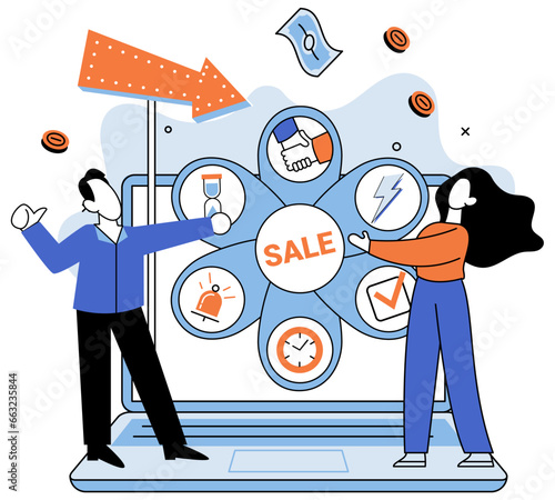 Promotion discount sale. Vector illustration. Forecast of future sales, beacon of light in foggy future of business Flash sale online, blitz of bargain hunting in virtual world Sales index, pulse
