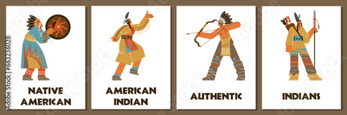 Native American posters set, tribal people in traditional clothes, flat vector illustration.
