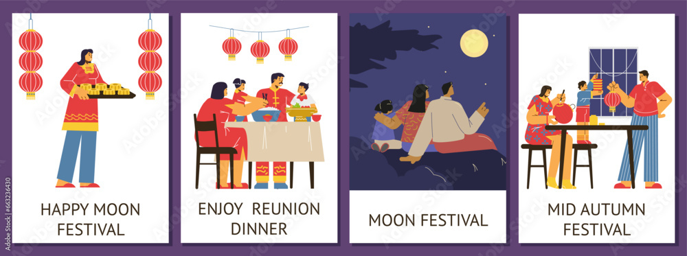 Mid autumn festival posters set with people celebrating traditional Chinese holiday, flat vector illustration.