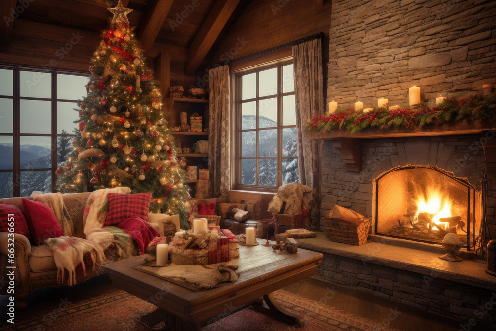 Cozy Fireplace and Christmas Tree Ambiance