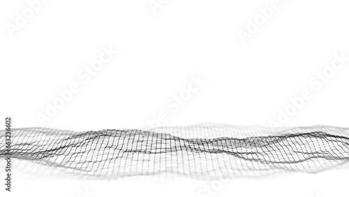 Abstract wave with black points and lines on white background. Science background with moving dots. Network connection technology. Digital structure with particles. 3d rendering.