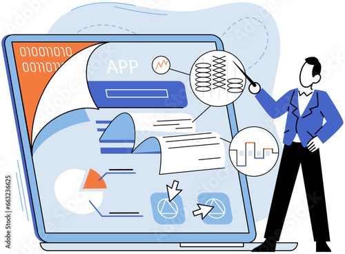 Application testing metaphor. Vector illustration. Application testing, meticulous process to ensure flawless user experiences App test, litmus paper of apps performance Software testing, guardiangel