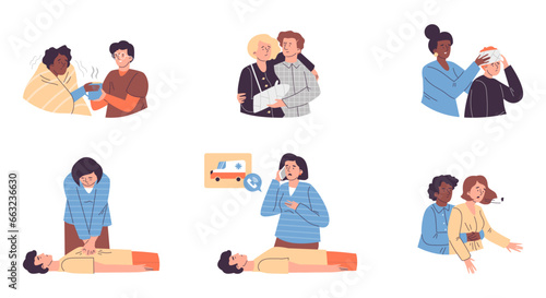 First aid treatments set, flat vector illustration isolated on white background.