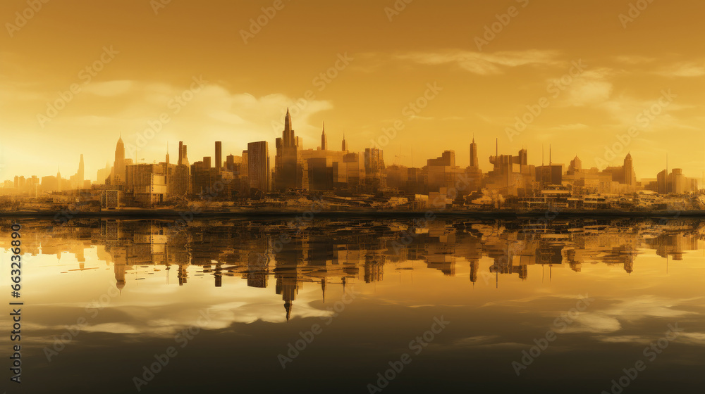 Gilded Waters: City's Evening Aura Gilded Waters: City's Evening Aura
