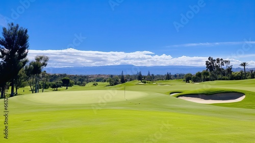 View of green Golf Course. Golf course with rich green grass with beautiful views.