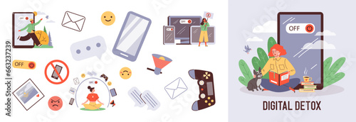 Digital detox day design set of characters and icons, flat vector illustration.
