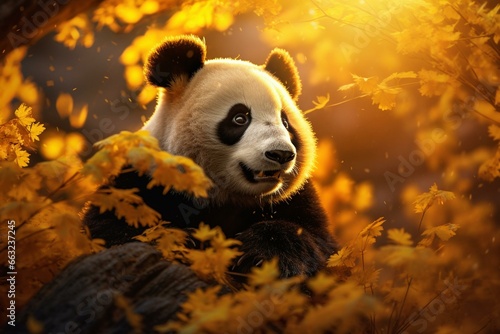 Cheerful panda explores bamboo grove under a dazzling glow. Generative AI © Koa