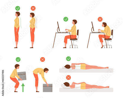 Vector isolated illustration set of correct and incorrect human poses spine, neck. Woman standing, sitting at computer, lifting object, lying on side