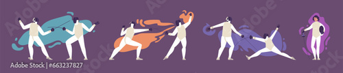 Set of various poses in Fencing duel competition, Vector fencing players against of traffic spots, Sword fighting