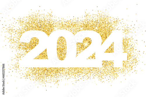 Happy New Year 2024. Gold dust in numbers. Bright sparkles. Simple greetings template. 2024 logo text design. Brochure card, banner with wishes. Vector illustration. Isolated on white background.