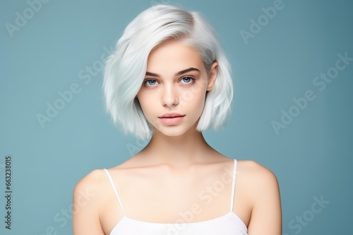 Radiant Teenage Beauty with Flawless Skin and Short White Hair