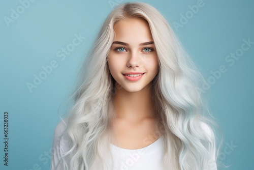 Youthful Elegance: Smiling Teen on Blue