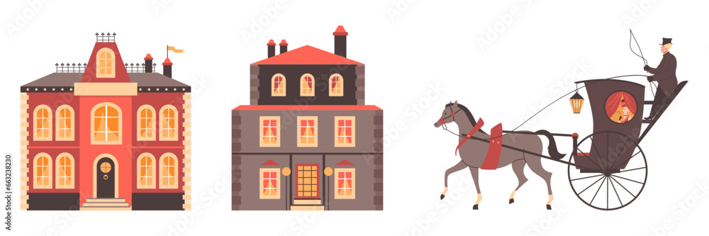 Elements of Victorian city vector illustrations set, buildings and transport, carriage with horse on white background