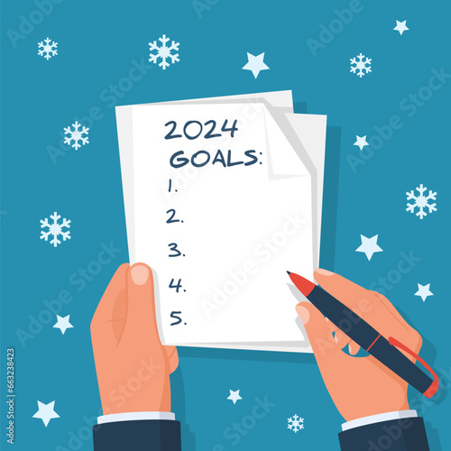 2024 new year goal. Man holds a sheet in hand with a plan for next year. Business motivation with text plan action in notepad. Vector flat design. Isolated on background white stars and snowflakes.