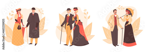 Set of couples of Victorian era  flat vector illustration isolated on white background.