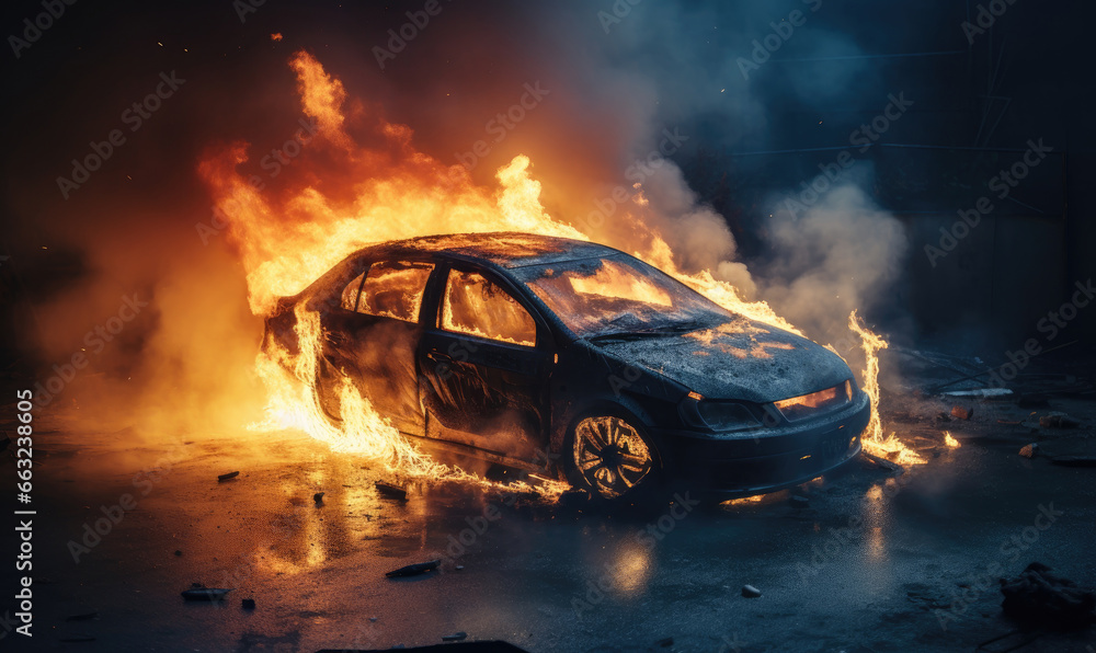 Burning car emitting thick smoke on a street.