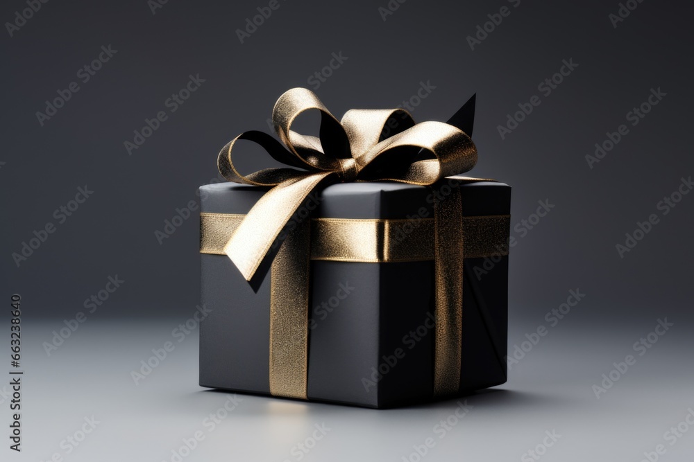 Gift box with golden ribbon bow isolated on black background. christmas and new year greeting card. Gift box with golden ribbon bow isolated on black background. christmas and new year greeting card.