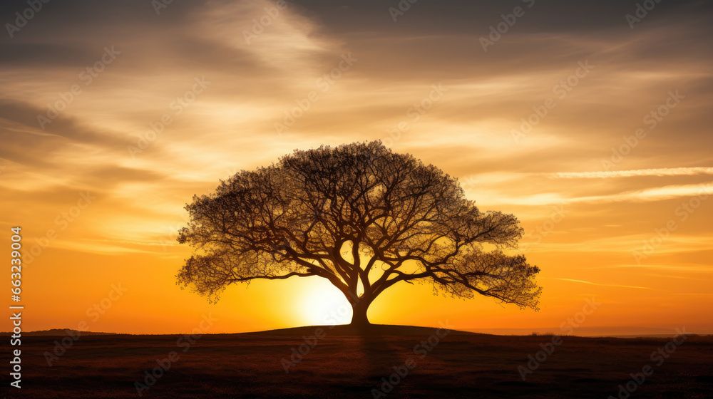 Nature's Embrace: Tree Silhouette in Golden Sunset