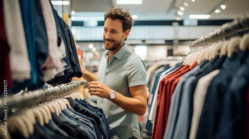 a man in his early 40s, is now inside a clothing store in the shopping mall, carefully selecting garments from the racks. generative AI a man in his early 40s, is now inside a clothing store in the shopping mall, carefully selecting garments from the racks. generative AI