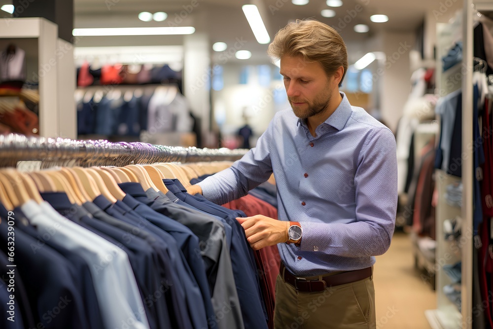 a man in his early 40s, is now inside a clothing store in the shopping mall, carefully selecting garments from the racks. generative AI a man in his early 40s, is now inside a clothing store in the shopping mall, carefully selecting garments from the racks. generative AI