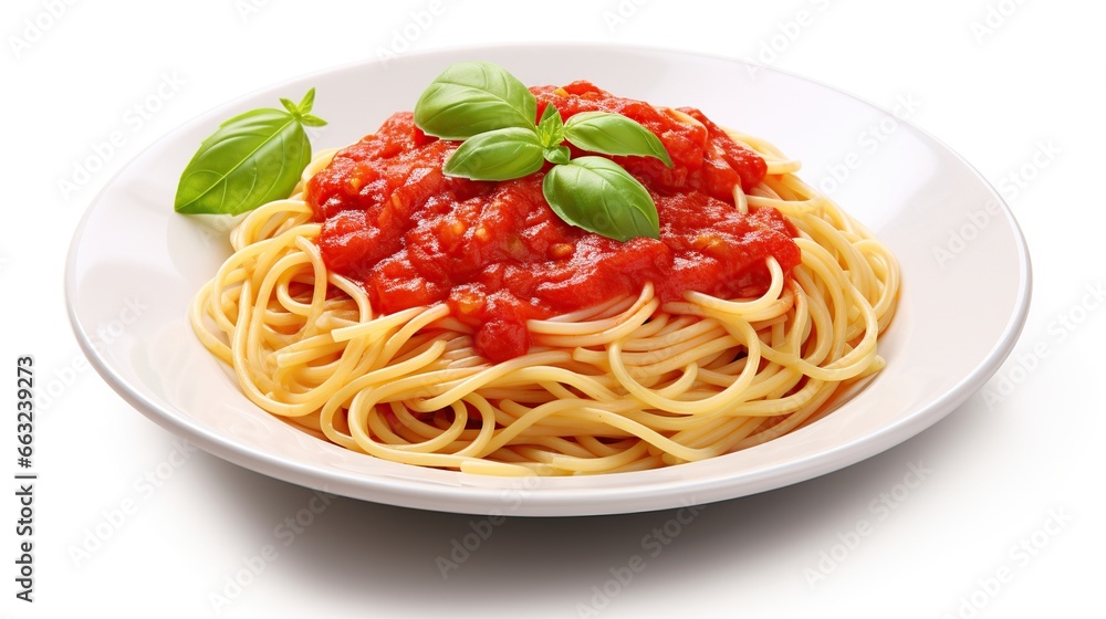 Delicious classic of pasta and spaghetti with tomato sauce in a plate on a white background. Generative Ai Delicious classic of pasta and spaghetti with tomato sauce in a plate on a white background. Generative Ai