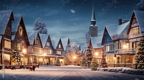 Charming village with snow-covered cottages and twinkling lights