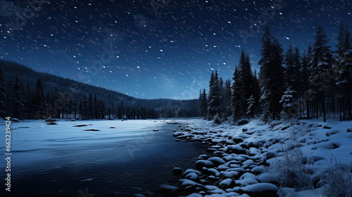 Snowy Landscape under a Star-Studded Sky with Glittering Constellations Above