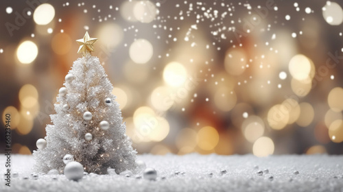 christmas background focused on christmas tree on the white and gold beautiful bokeh background. Generative ai