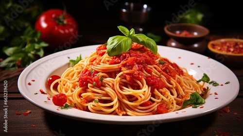 Delicious classic of pasta and spaghetti with tomato sauce in a plate on a dark table. Generative Ai 