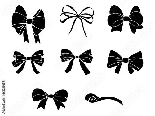  Set of gift bows, ribbons  in sketch style, hand drawn vector doodles, icon set isolated on white background.  photo